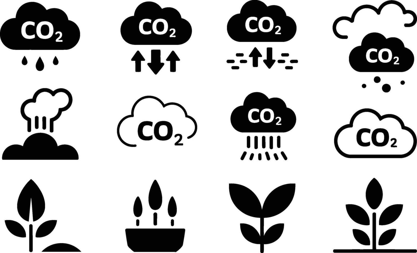 Black and white illustrations representing carbon dioxide emission and absorption alongside plant growth concepts vector