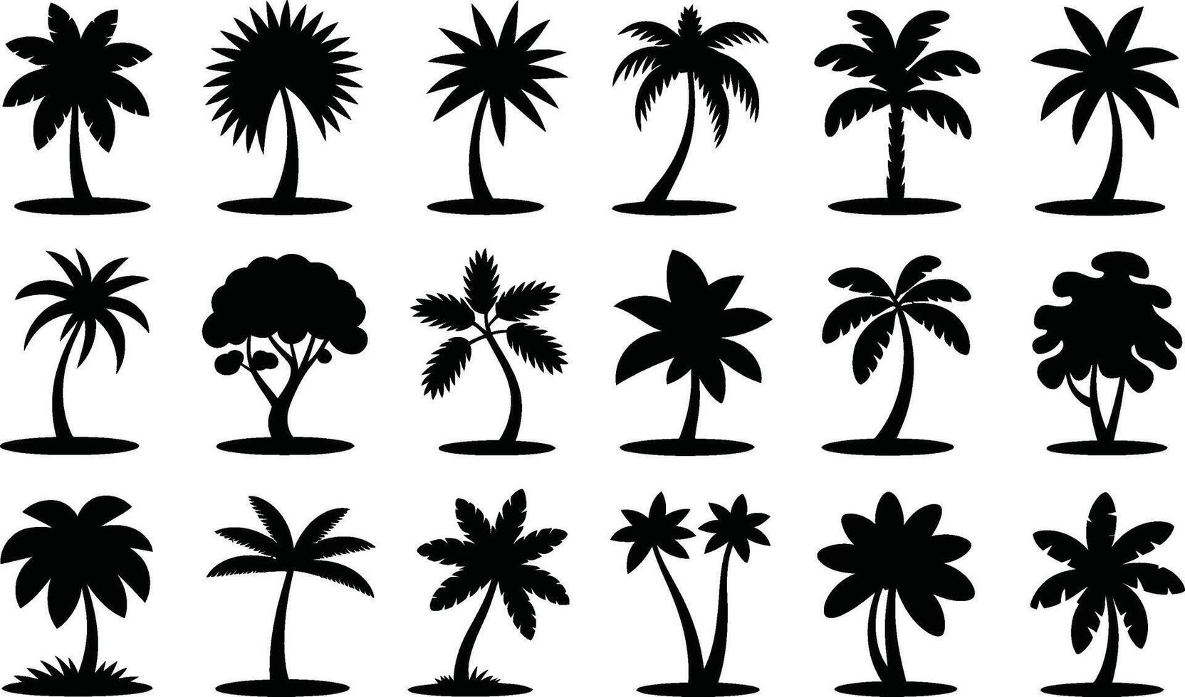 Collection of black silhouette palm tree designs including various leaf and trunk shapes for tropical and summer themed concepts vector