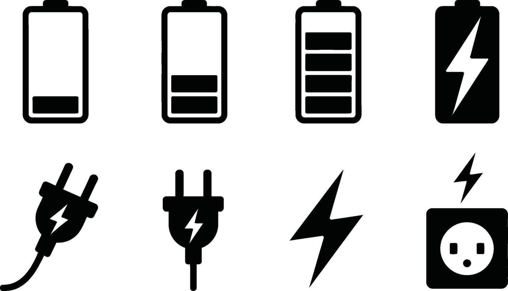 set of minimalist black and white battery charging indicators and electrical plug icons. vector