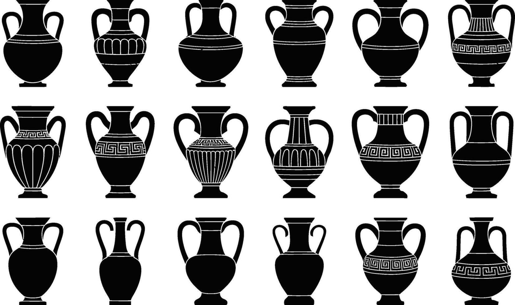 Collection of black and white illustrations depicting various ancient greek amphora vases designs vector