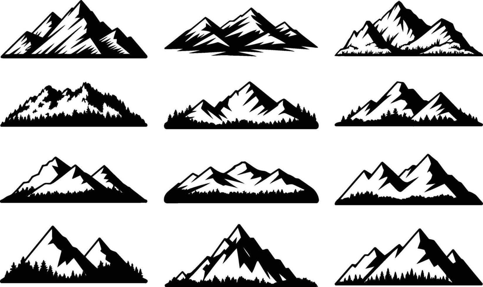 A collection of elegant black and white mountain illustrations depicting various peaks and wilderness landscapes in form vector