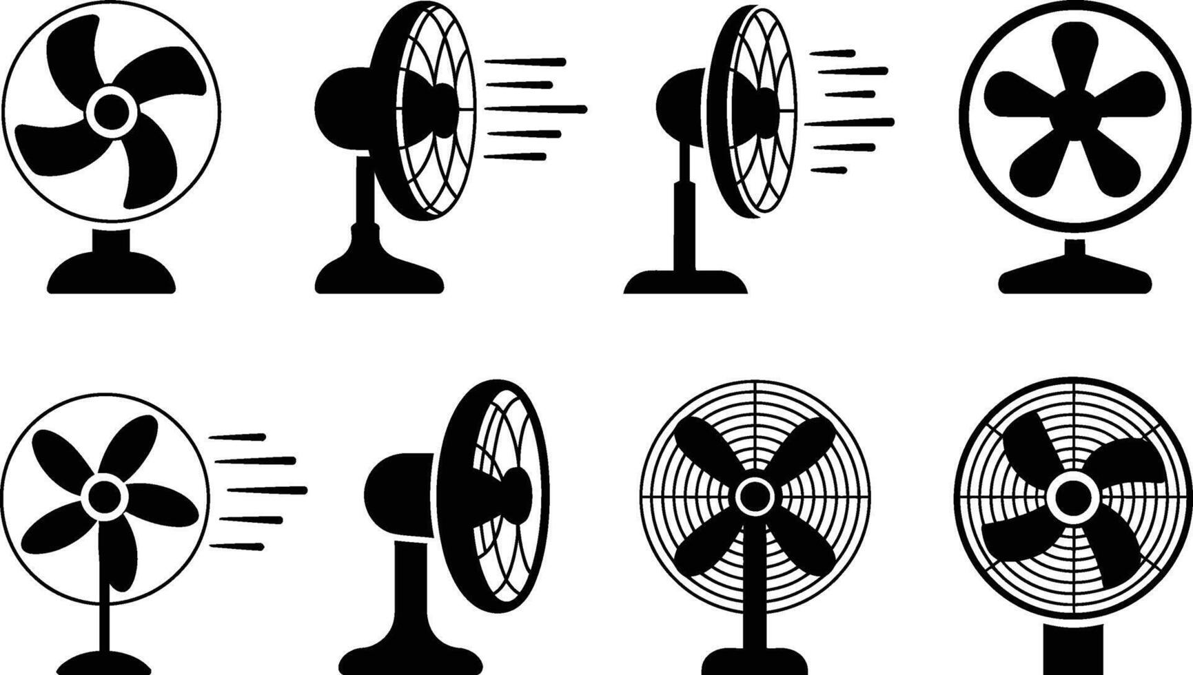 Collection of black and white illustrated desktop fans in various styles and perspectives representing cooling and air circulation vector