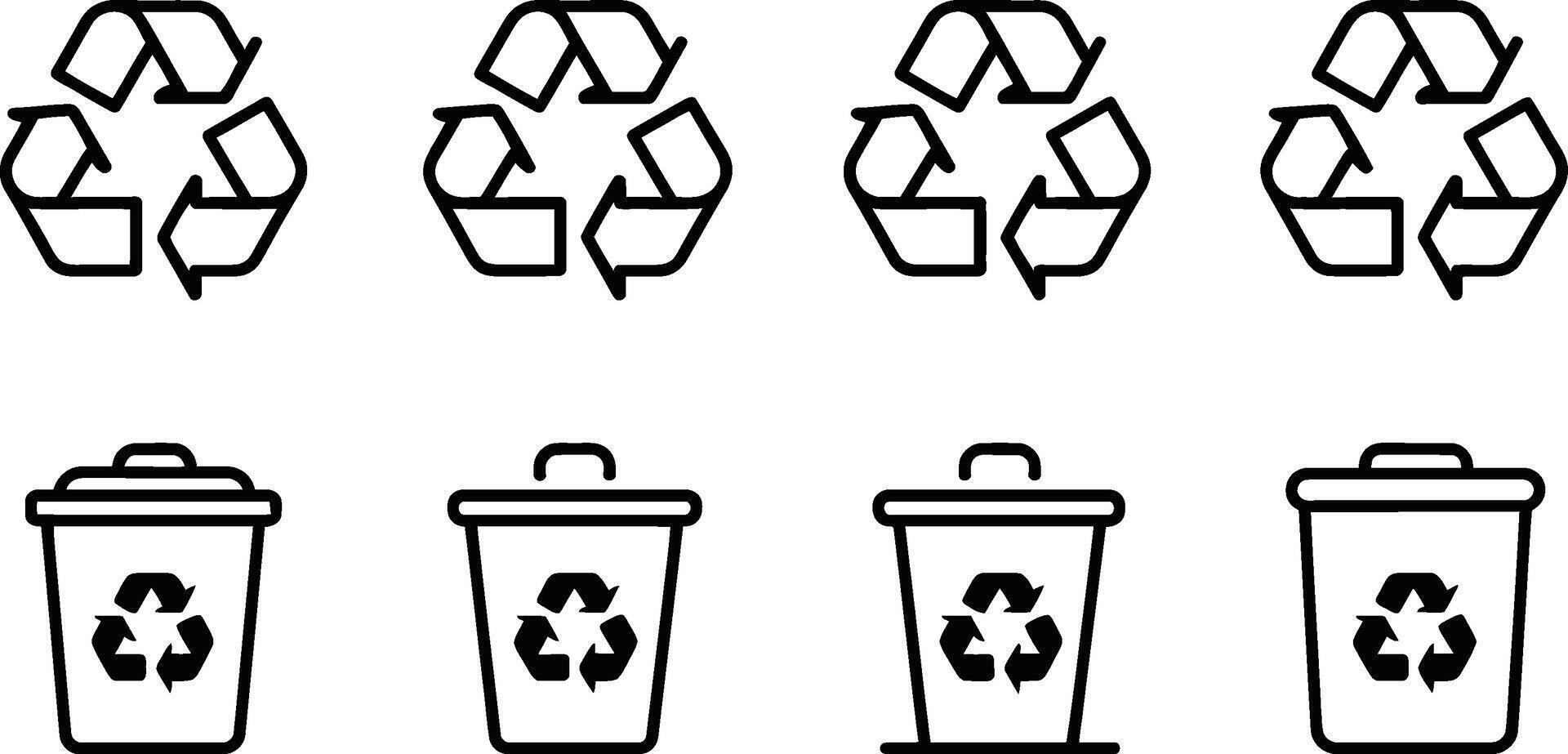 Black and white illustrations of recycling symbols and trash can icons for environmental design vector