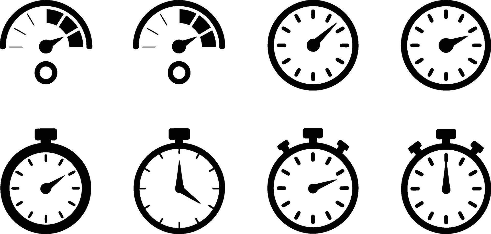 Collection of clock and time measurement icons presenting different timers and gauges in a minimalistic black and white style vector