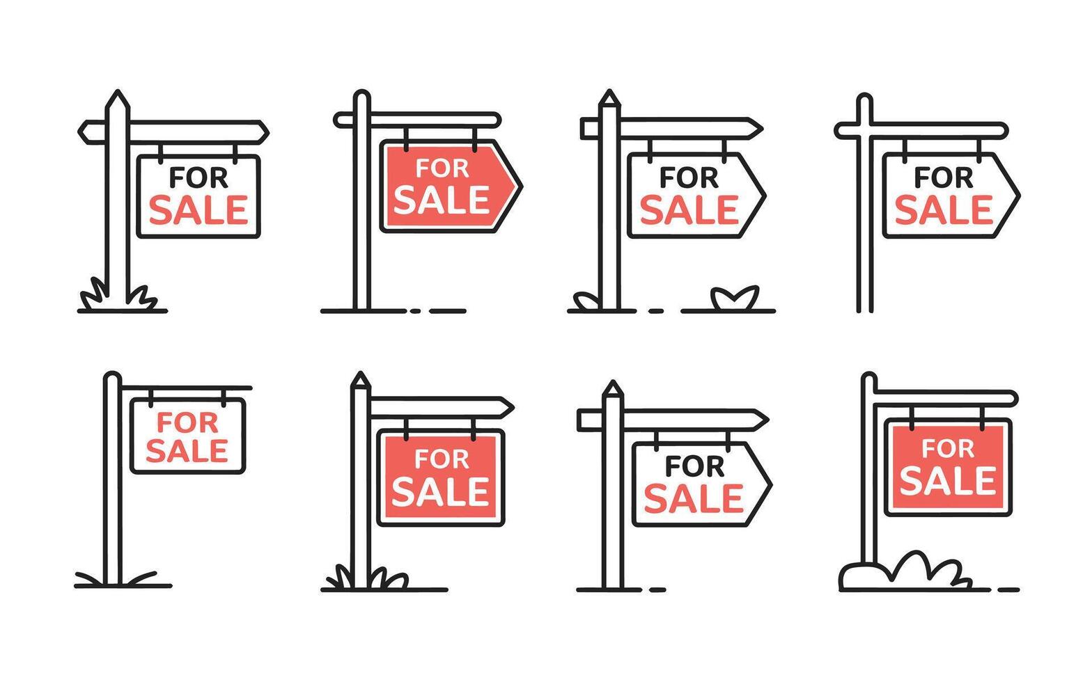 Collection of eight simplified icons displaying various styles of for sale real estate signage with red color scheme vector