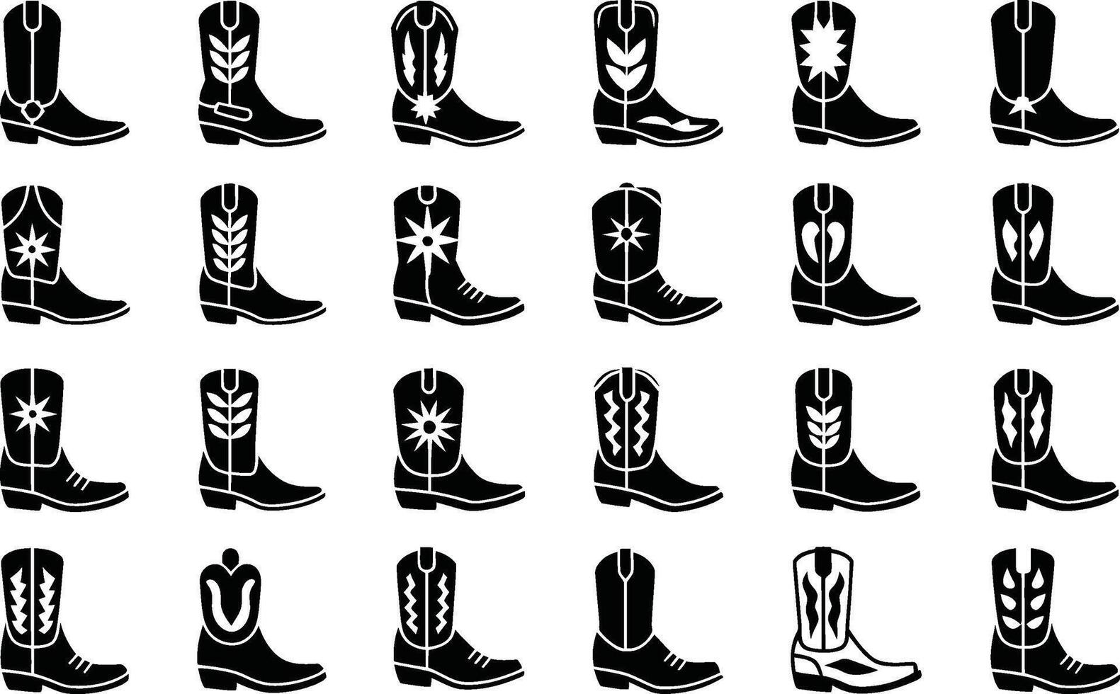 A collection of twenty four black and white cowboy boots in various designs and graphic styles ideal for design projects vector