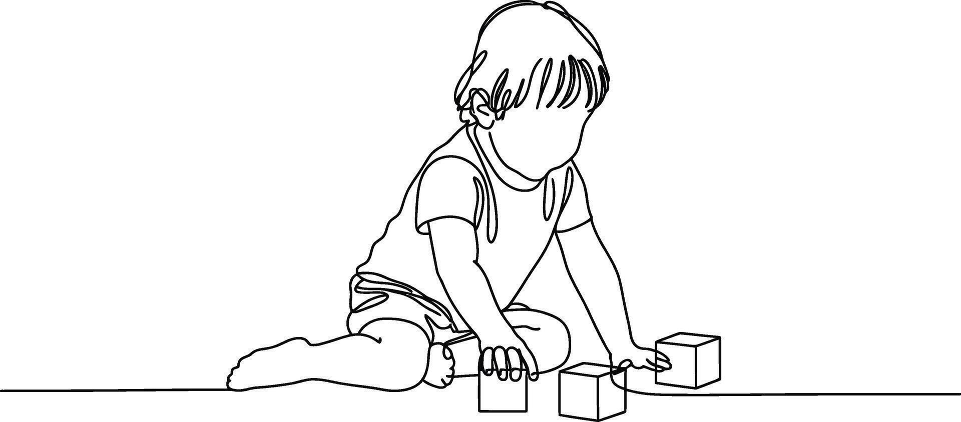 Continuous line illustration of a young child playing with building blocks on a white background vector