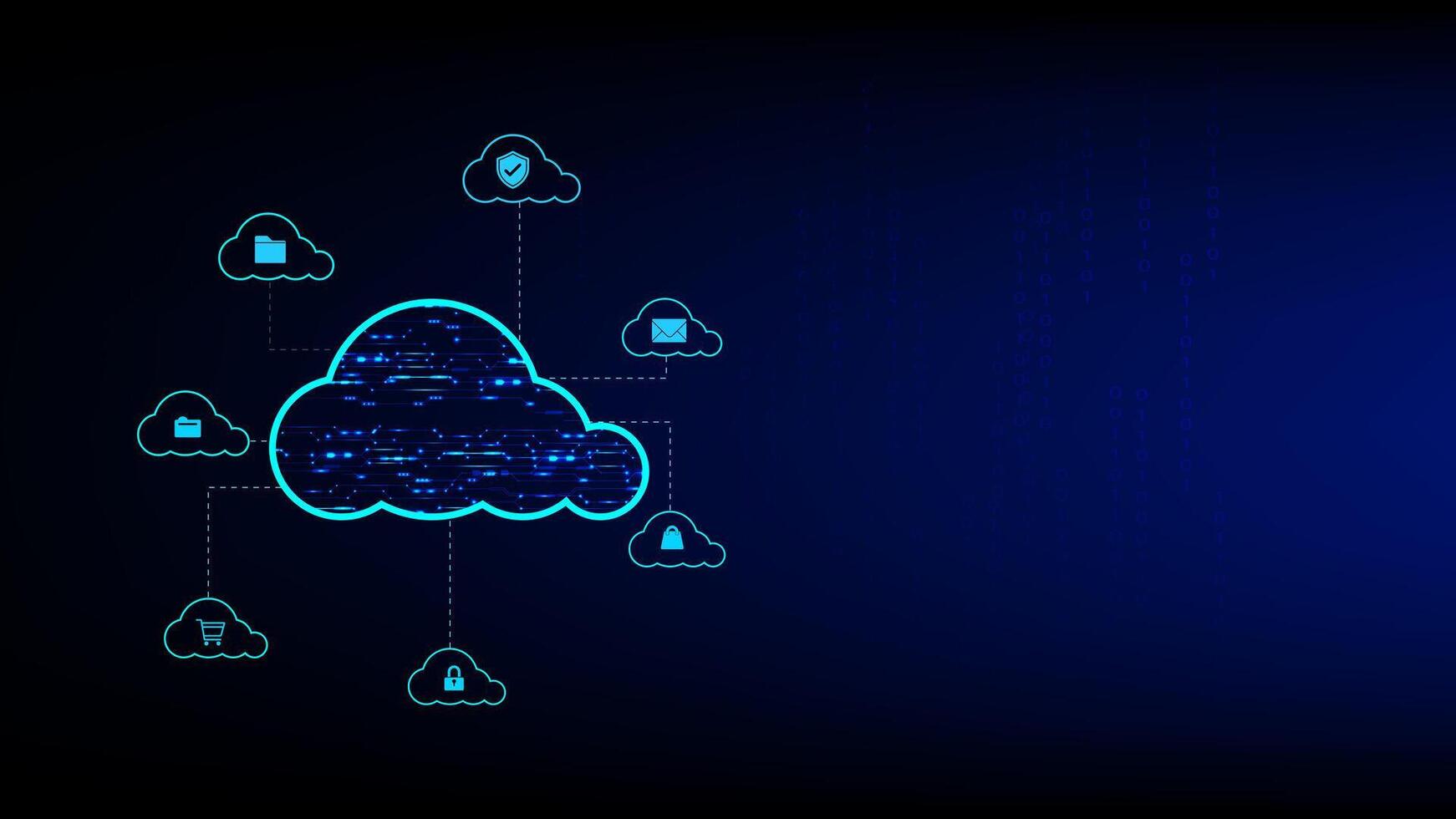 Cloud computing concept with centralized data cloud connected to multiple cloud icons, representing storage, security, email, and digital access copy space for text vector