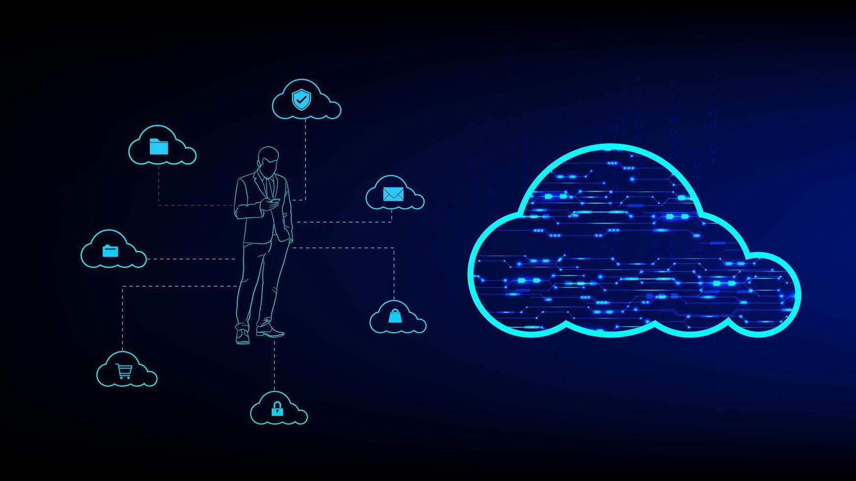 Illustration of cloud computing with users accessing data via smartphones, representing digital data storage and secure communication vector