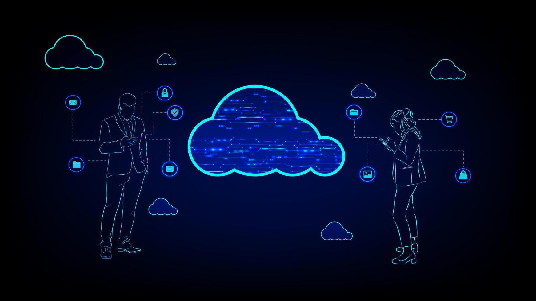 Illustration cloud computing with two users accessing data smartphones, representing digital data storage and secure communication vector