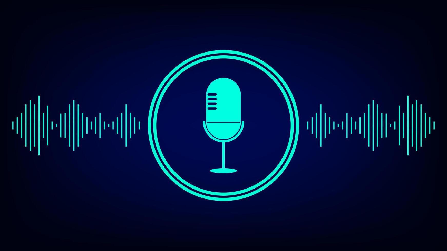 Neon blue microphone icon in a circle with surrounding sound waves on a dark background, representing podcast, audio recording, or live voice broadcasting vector