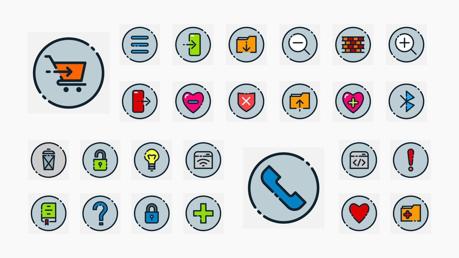 Colorful outlined icons with dotted circle backgrounds, ideal for apps, UI UX, ecommerce, security, health, coding, and communication interfaces. vector