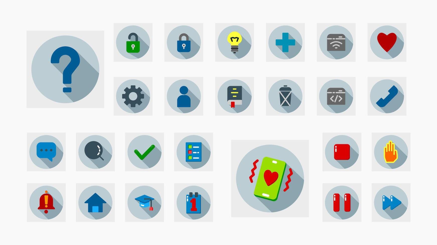 Flat icons with long shadow style. Covers UI, mobile, education, coding, health, alerts, access, and social interaction themes. vector