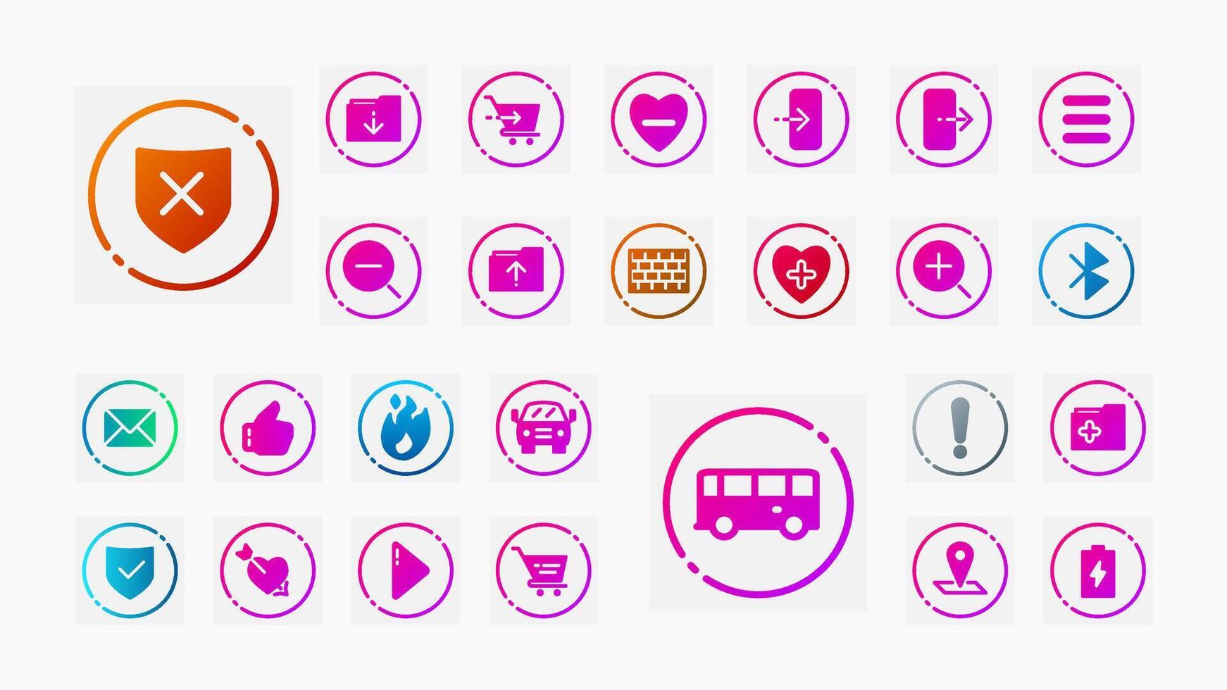 Gradient icons with modern circular frames. Includes essentials for apps, shopping, messaging, love, maps, settings, folders, UI controls, and security. vector