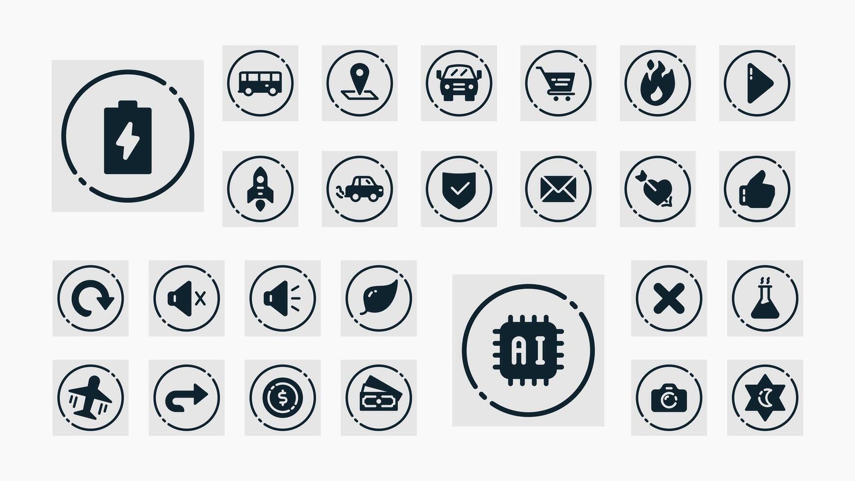 Modern solid line icons with circular frames for UI design, covering AI, battery, media, transport, finance, science, nature, and social features. vector
