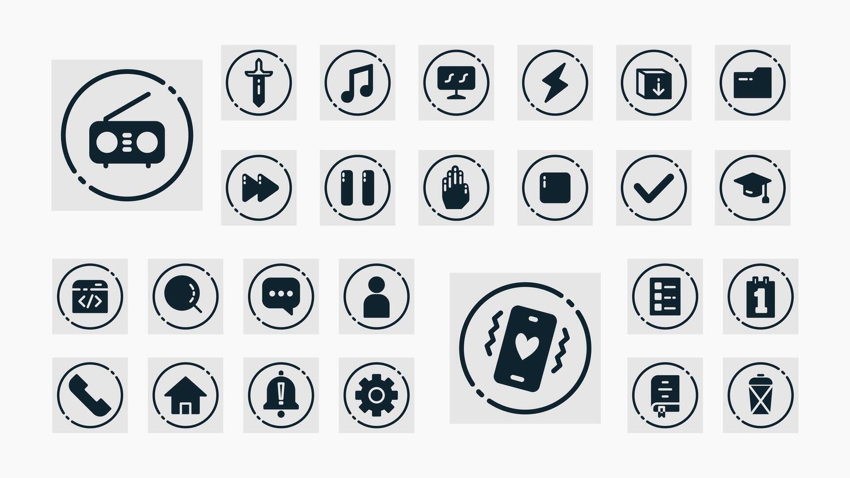 Essential monochrome icons for apps and interfaces, covering education, media, tools, files, communication, and mobile notifications. vector