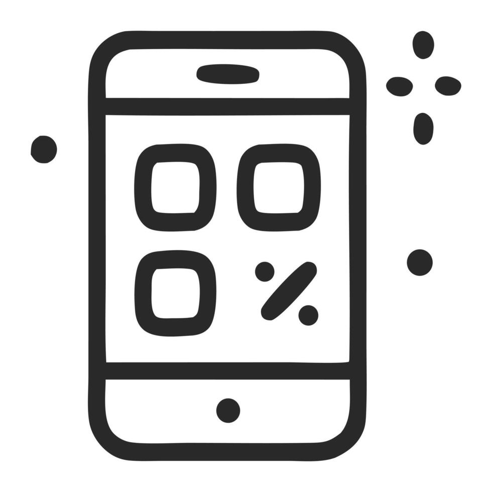 Mobile app screen displays a smartphone with a prominent percentage sign. Ideal for illustrating financial or discountrelated mobile applications. vector