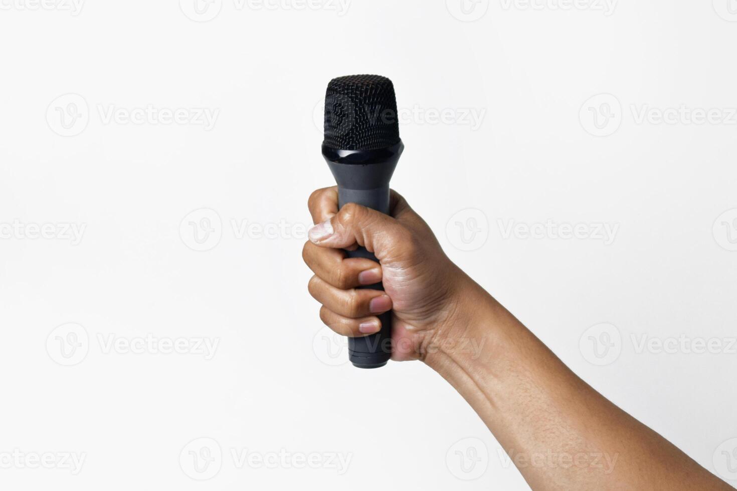 Raised Hand with Microphone on White Background photo