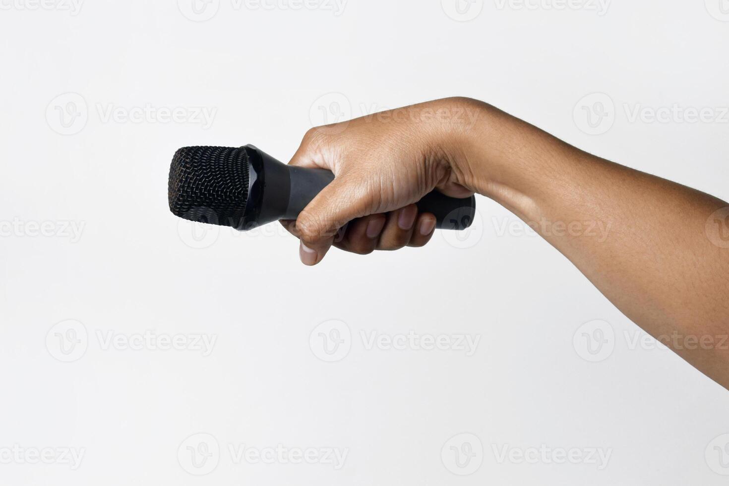 Asian Hand Using Microphone Isolated on White photo
