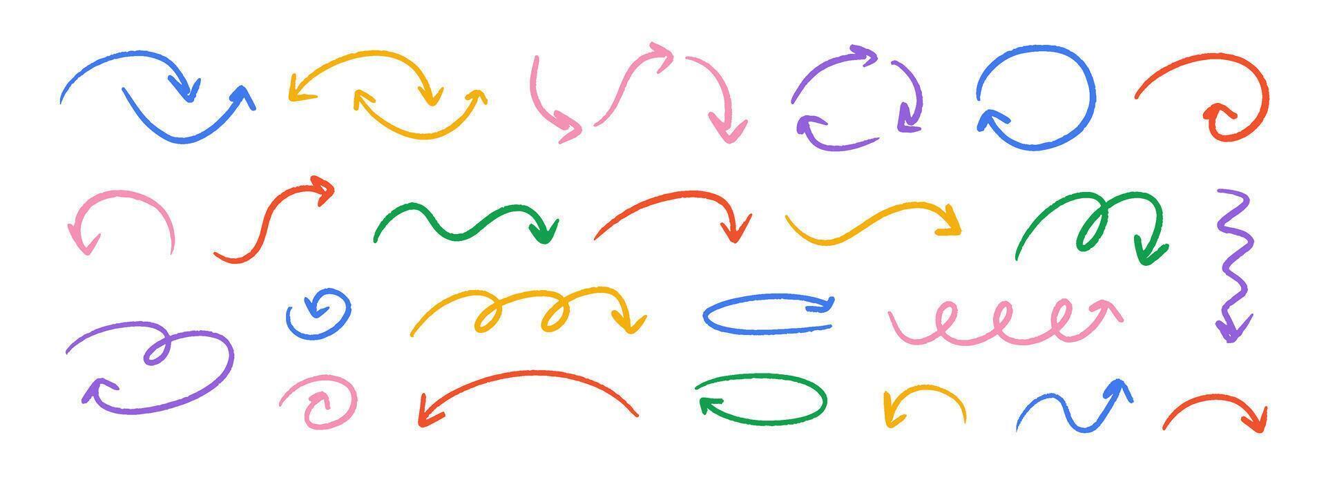 Hand drawn crayon wavy arrow collection. Color curved, zig zag and squiggle doodled arrows set. Charcoal sketch pointer and direction lines. Pastel pencil, chalk or marker brush stroke elements vector