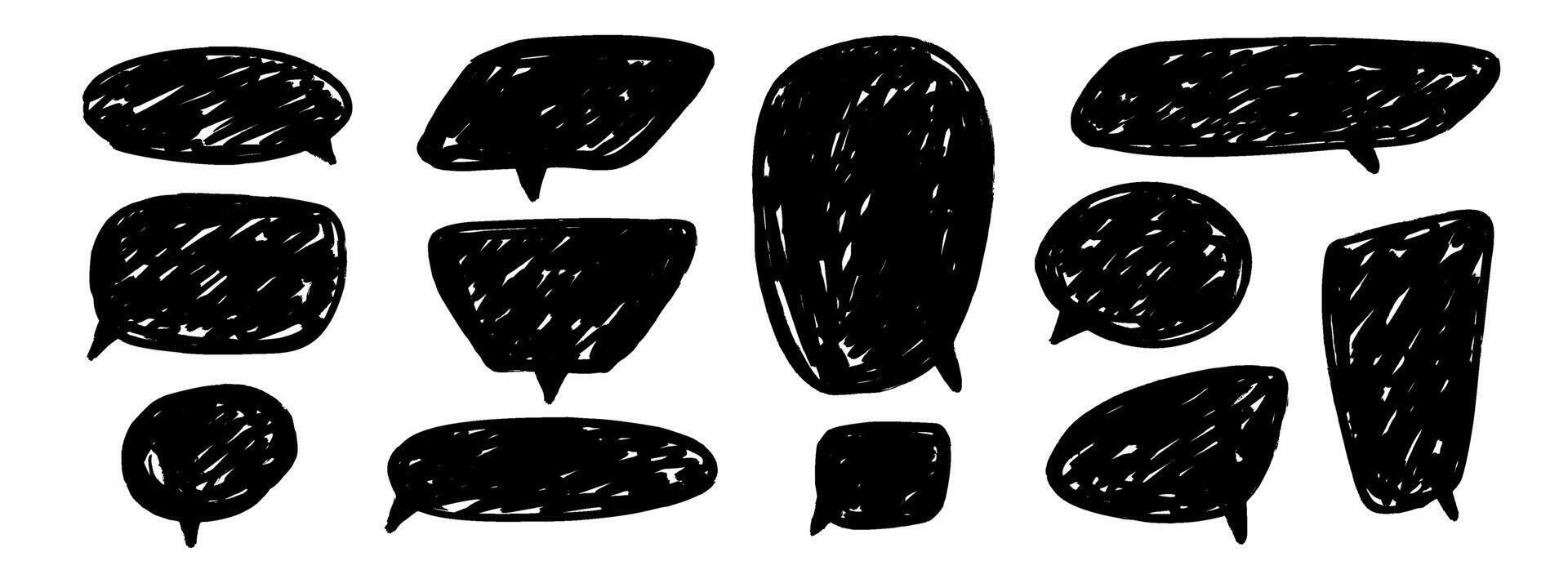 Hand drawn speech bubble collection. Doodled marker dialog box set. Sketched textured comic talk frames. Round, square or rectangle balloon text box bundle. Black scribbled chat box pack vector