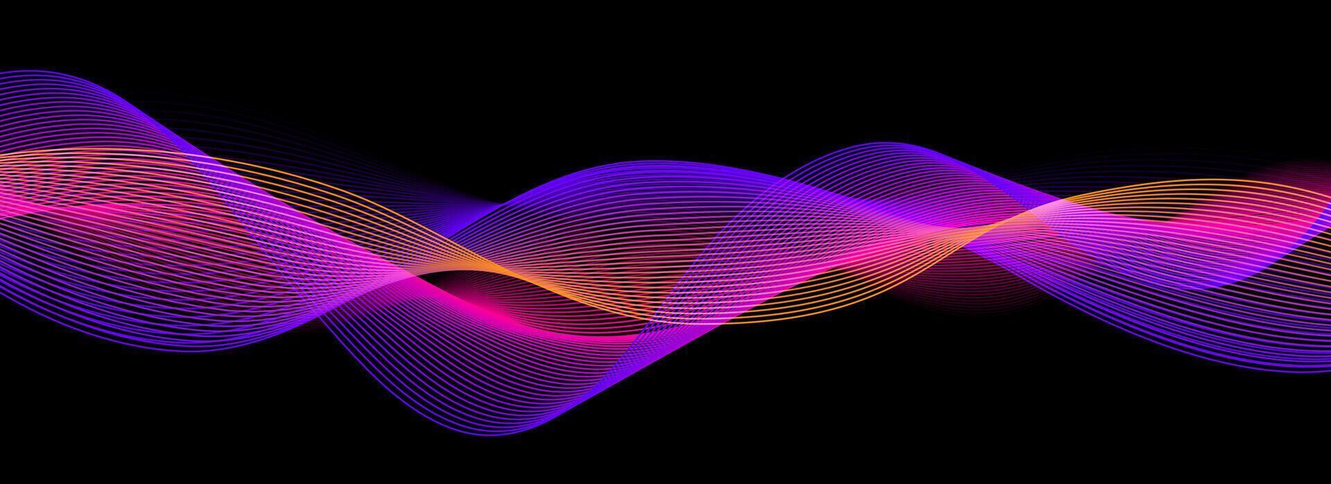 Neon sound wave on black background. Abstract flowing wavy lines design for ai concept, eq equalizer, audio record, voice assistant. Orange pink purple gradient curve stripe wallpaper vector