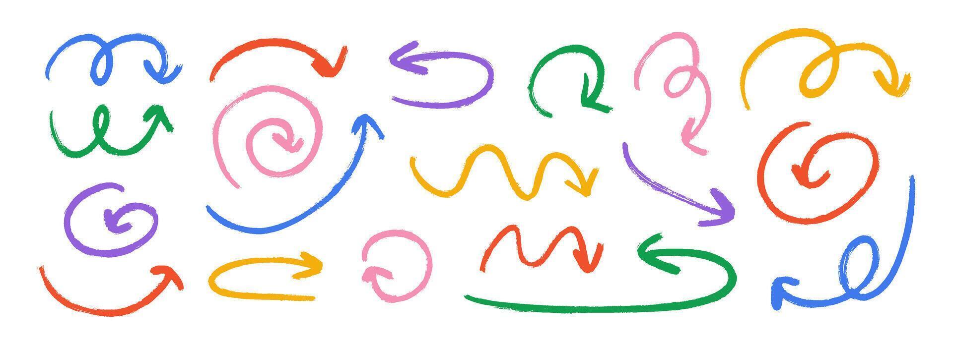 Hand drawn crayon wavy arrow collection. Color curved, wiggle and squiggle doodled arrows set. Charcoal sketch pointer and direction lines. Pastel pencil, chalk or marker brush stroke elements vector