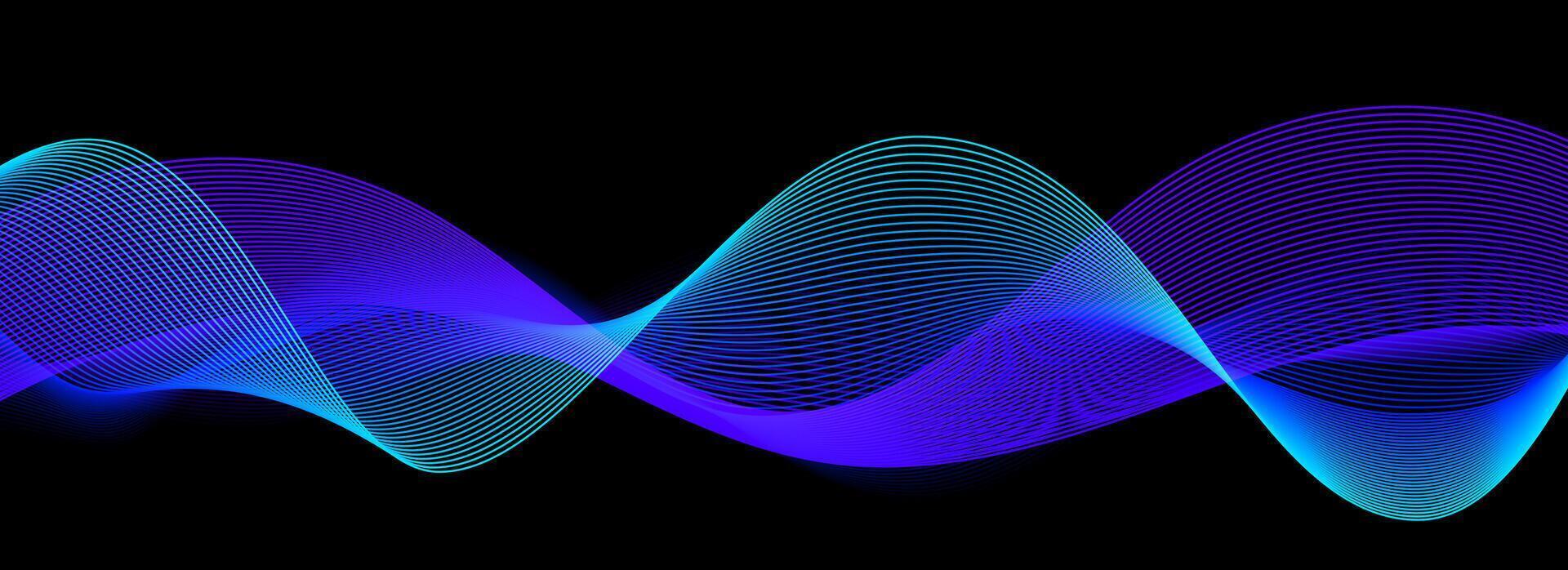 Neon sound wave on black background. Abstract flowing wavy dot lines design for ai concept, eq equalizer, audio record, voice assistant. Blue purple gradient dashed curve stripe wallpaper vector