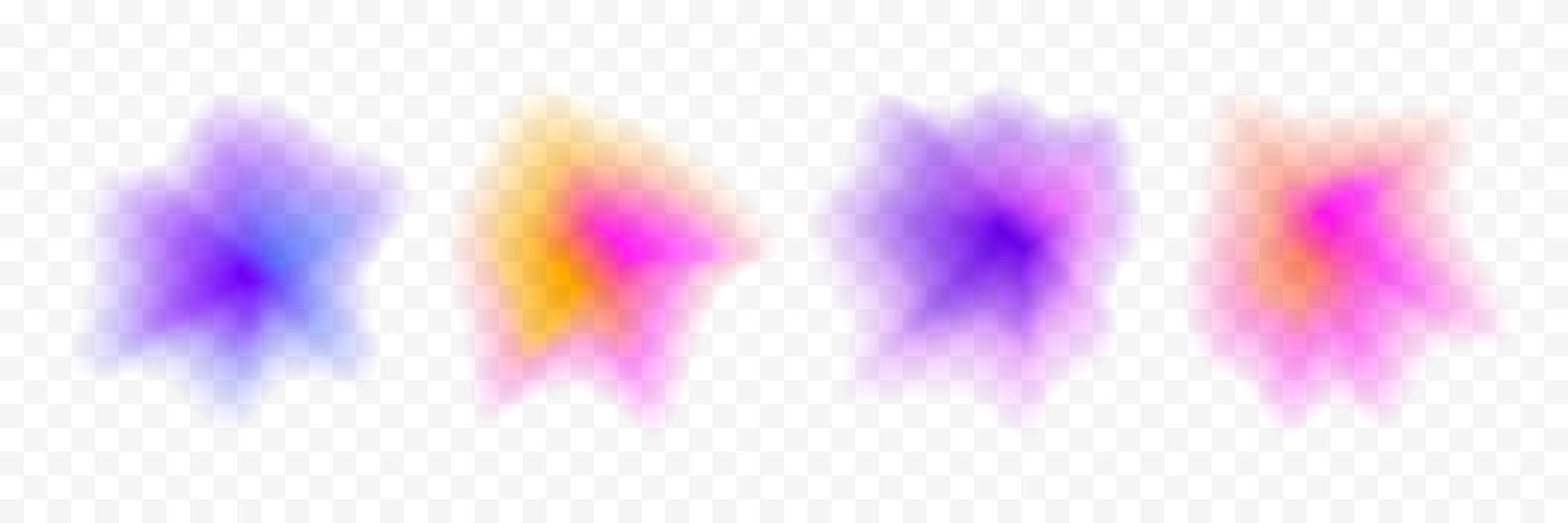 Abstract blurry gradient splash shape set. Colored liquid amoeba blob gradation collection. Y2K blur smooth aura pack. Bright iridescent drop bundle for collage, badge, sticker, label. vector