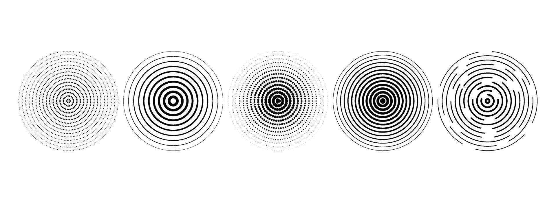 Black linear concentric circle set. Dotted and dashed sound wave collection. Epicenter, target, radar, sonar icon concept. Halftone radial radio signal or vibration element pack. vector