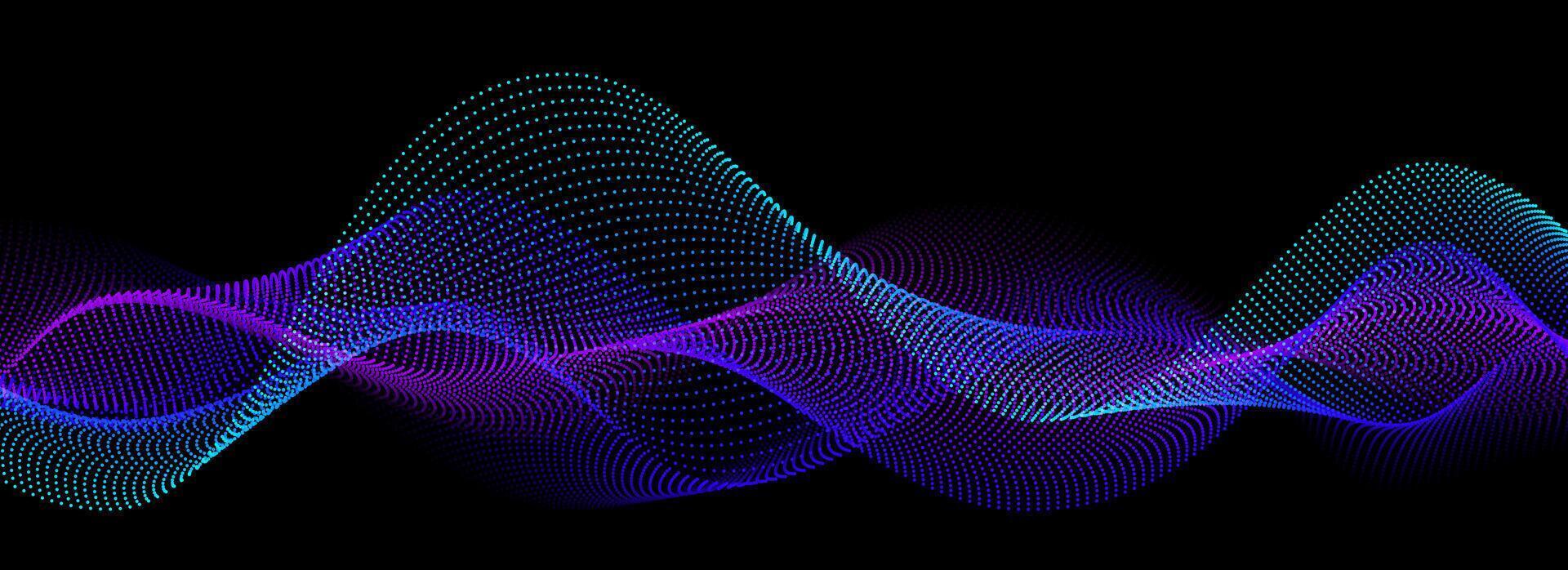 Neon sound wave on black background. Abstract flowing wavy dot lines design for ai concept, eq equalizer, audio record, voice assistant. Blue green purple gradient dashed curve stripe wallpaper vector