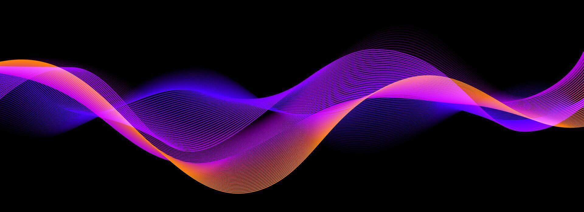Smooth neon sound wave on black background. Abstract flowing wavy lines design for ai concept, eq equalizer, audio record, voice assistant. Orange blue purple gradient curve stripe wallpaper. vector