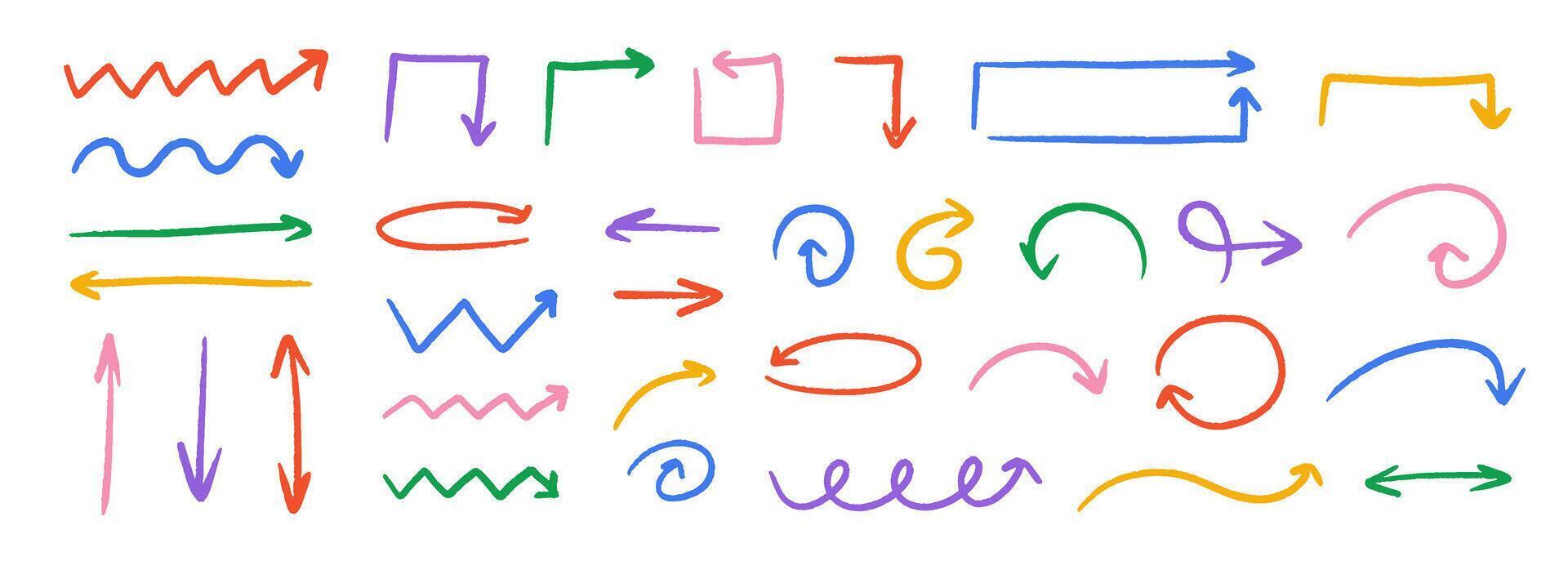 Hand drawn crayon arrow collection. Curved, zig zag and straight doodle arrows set. Charcoal sketch pointers and direction lines. Pastel pencil, chalk or marker brush stroke elements vector