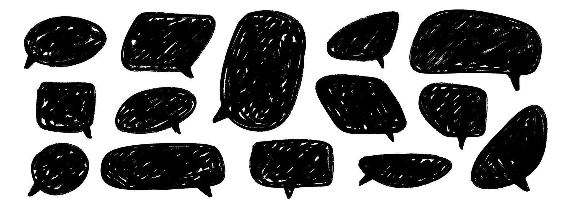 Hand drawn speech bubble collection. Doodled marker dialog box set. Sketched textured comic talk frames. black scribbled chat box pack. Round, square or rectangle balloon text box bundle. vector