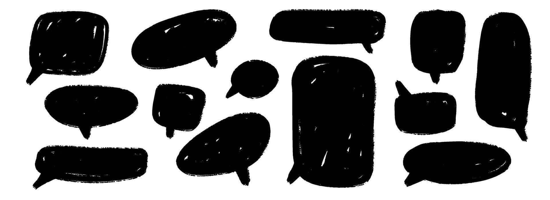 Hand drawn speech bubble collection. Doodled marker dialog box set. Scribbled textured comic talk frames. Black sketched chat box pack. Round, square or rectangle balloon text box bundle vector