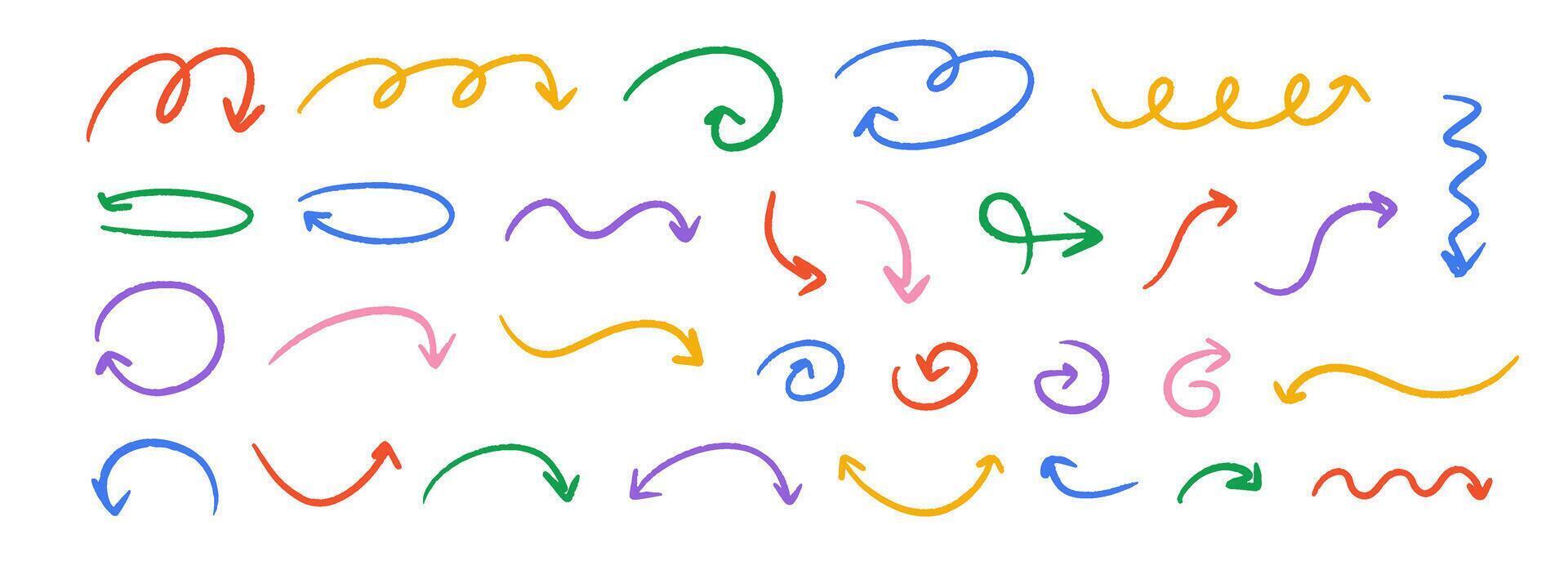 Hand drawn crayon wavy arrow collection. Color curved, zig zag and squiggle doodle arrows set. Charcoal sketch pointers and direction lines. Pastel pencil, chalk or marker brush stroke elements vector