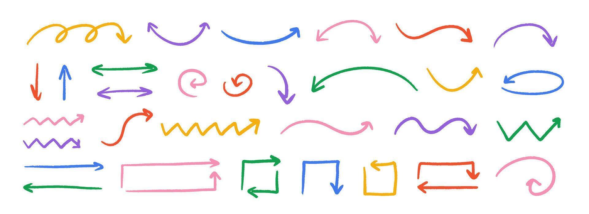 Hand drawn crayon arrow collection. Colorful curved, zig zag and wavy doodle arrows set. Charcoal sketch pointers and direction lines. Pastel pencil, chalk or marker brush stroke elements vector