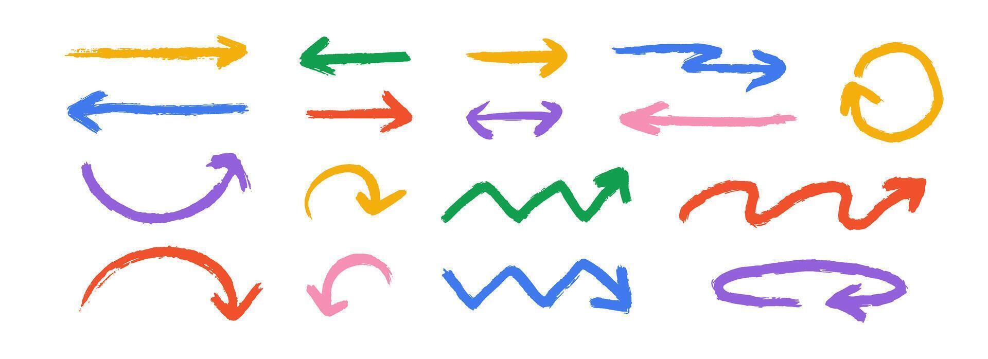 Hand drawn crayon arrow collection. Color curved, zig zag and straight doodle arrows set. Charcoal sketch pointers and direction lines. Pastel pencil, chalk or marker brush stroke elements vector