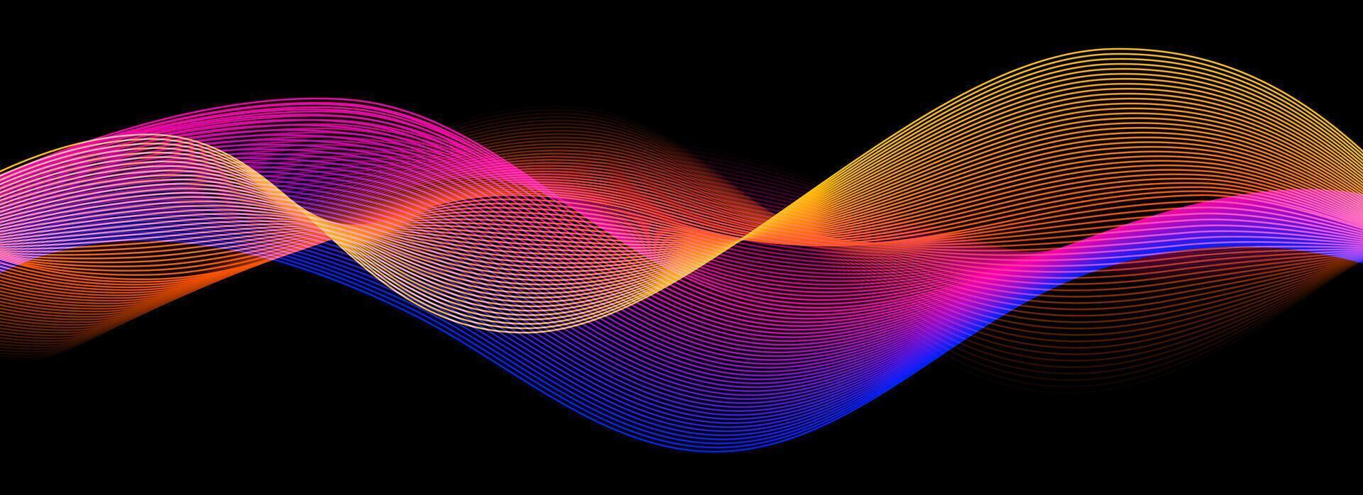 Smooth neon sound wave on black background. Abstract flowing wavy lines design for ai concept, eq equalizer, audio record, voice assistant. Yellow blue pink gradient curve stripe wallpaper vector