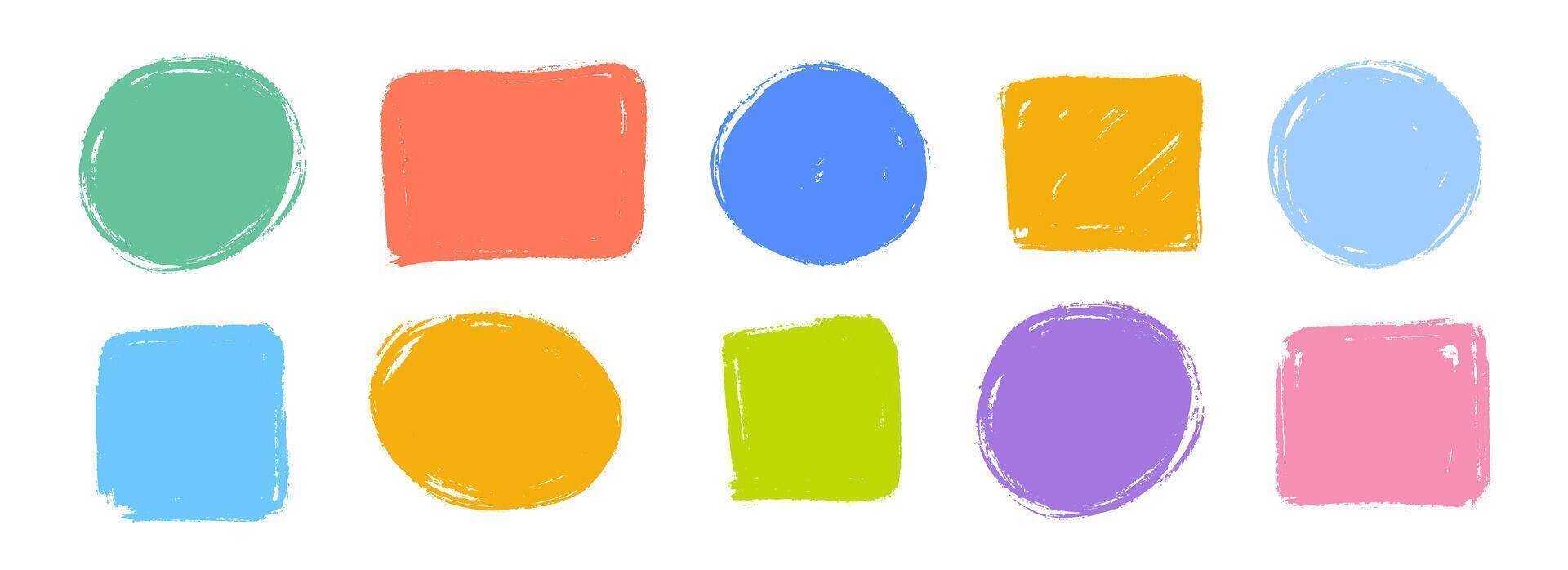 Colorful square and circle crayon text box set. Bright hand drawn sticker shape collection. Rough edge geometric patch pack. Playful doodled borders and frames. Childish scribbled elements vector