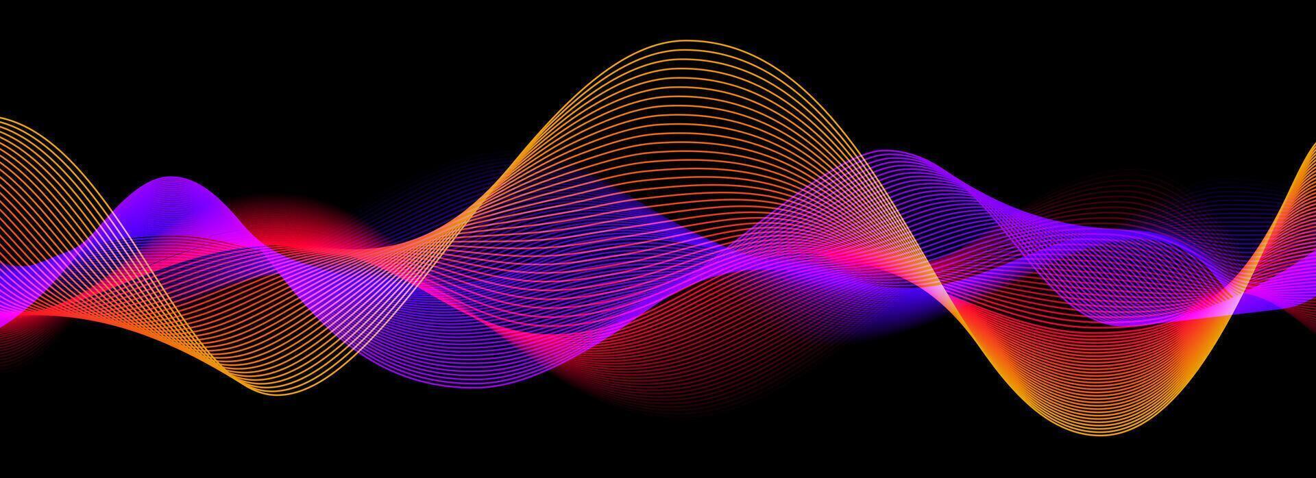 Neon sound wave on black background. Abstract flowing wavy lines design for ai concept, eq equalizer, audio record, voice assistant. Blue pink purple gradient curve stripe wallpaper vector