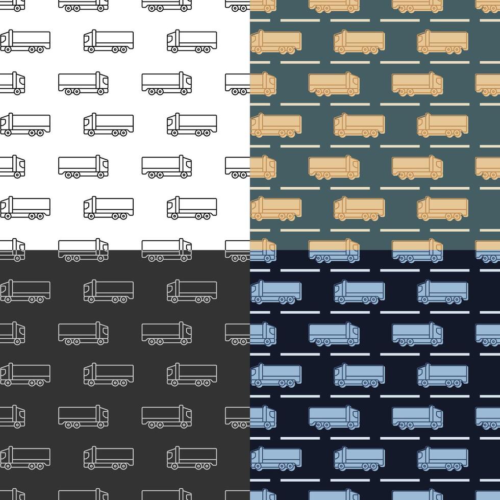 set of seamless patterns with Heavy construction equipment truck on road. Industrial machinery and equipment. Ornament for decoration and printing on fabric. Design element. image vector