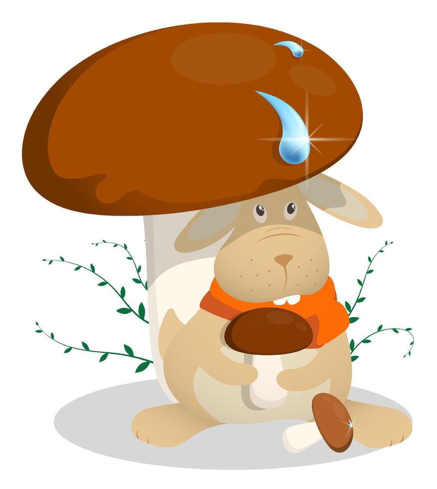 Little funny rabbit sits under large porcini mushroom, hiding from spring rain. Symbol of Easter and 2023 in Chinese calendar. Childrens illustration vector