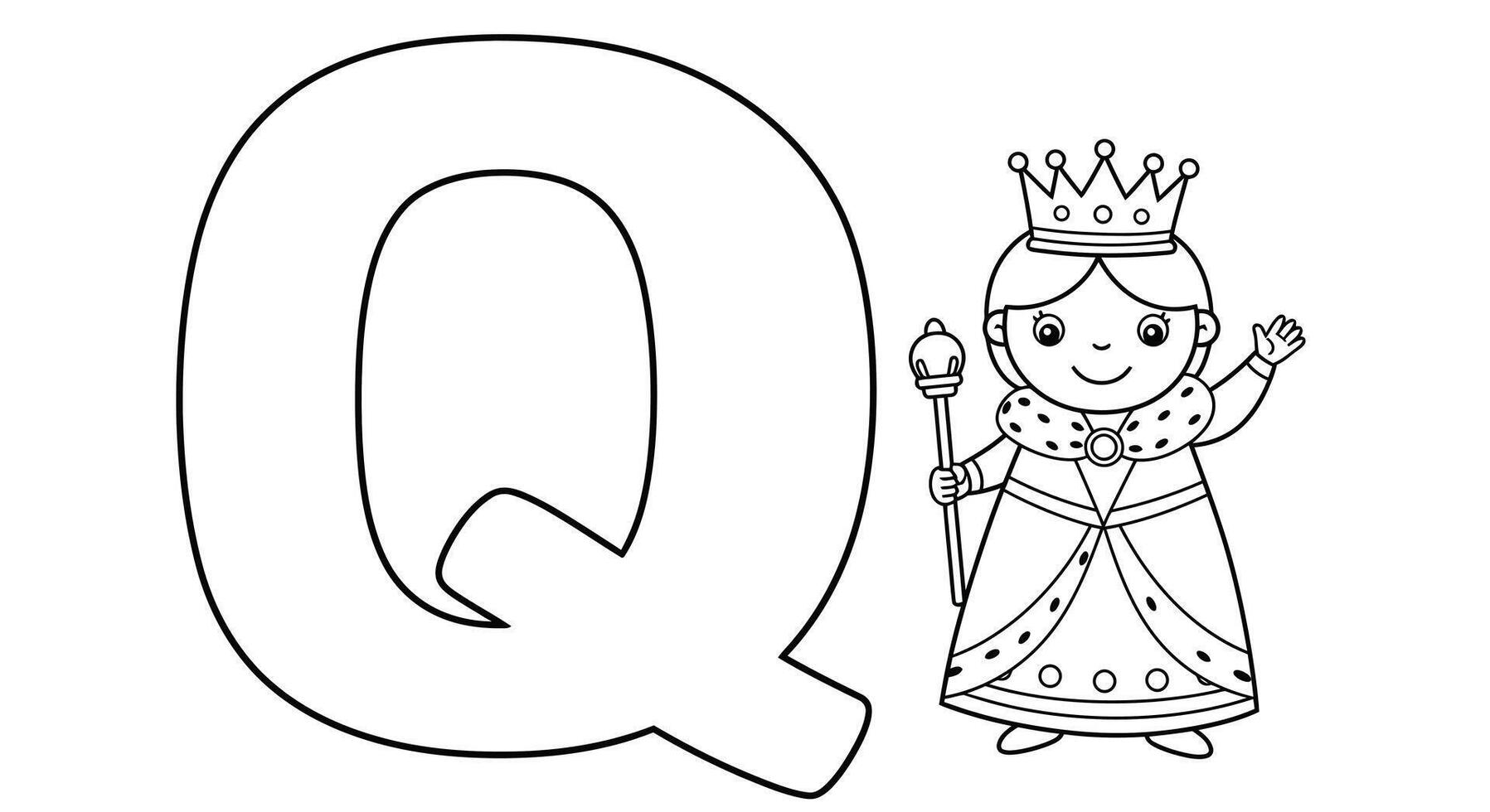 Kids Alphabet Coloring Page Featuring Letter Q and a Fun Queen Illustration vector