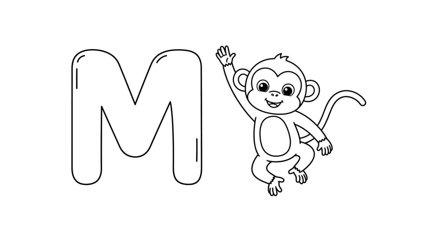 Learning Alphabet Letter M for Monkey Fun Kids Coloring Page Black White Illustration vector