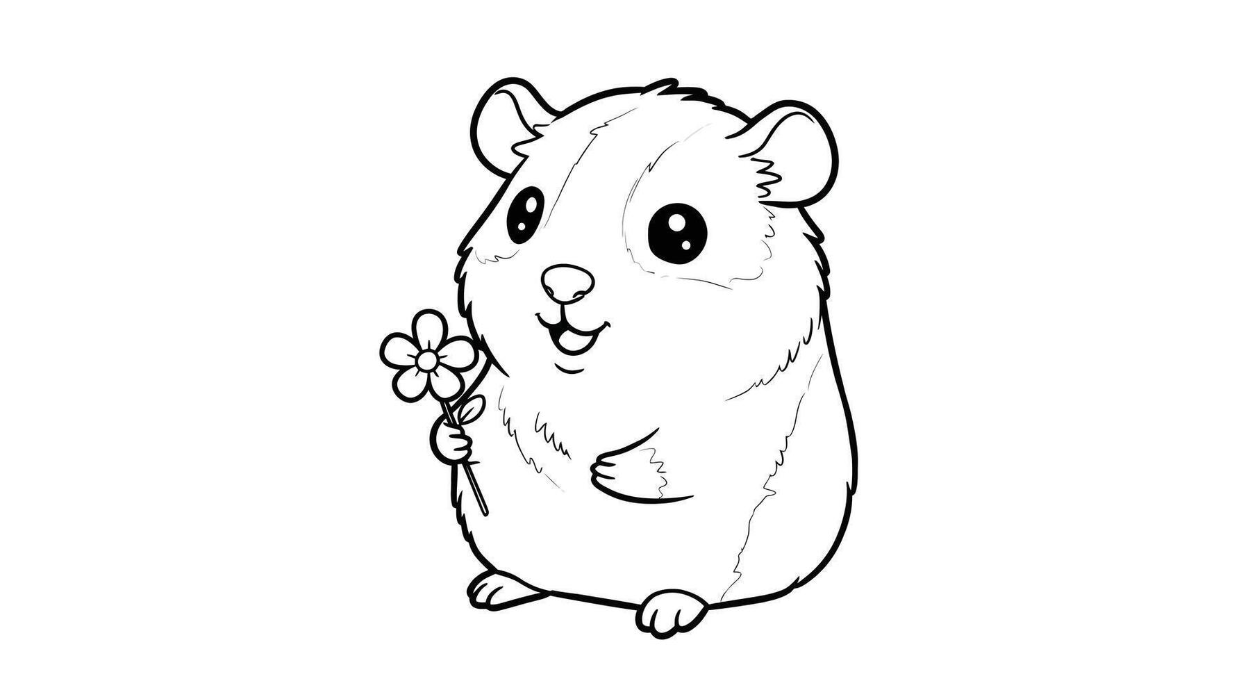 Sweet Kawaii Guinea Pig Holding Flower Outline Illustration - Charming Kids Coloring Page vector