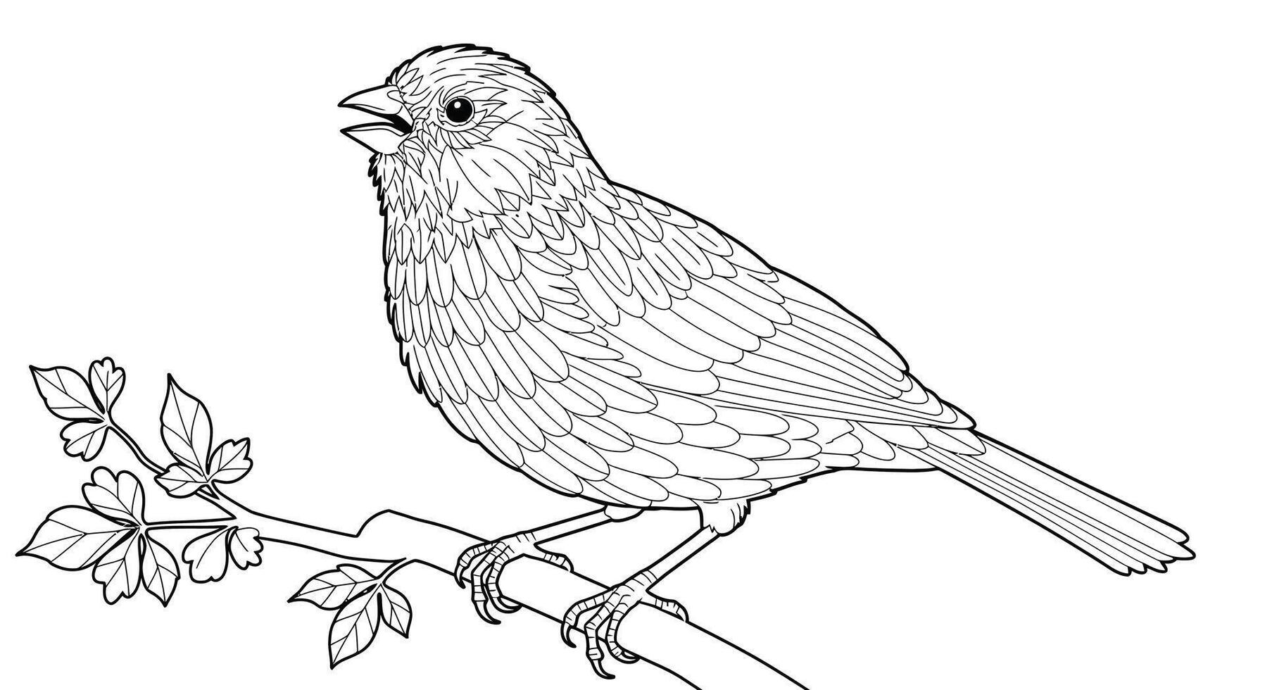 Beautiful Canary Bird Singing Perched on a Branch Detailed Adult Coloring Page vector
