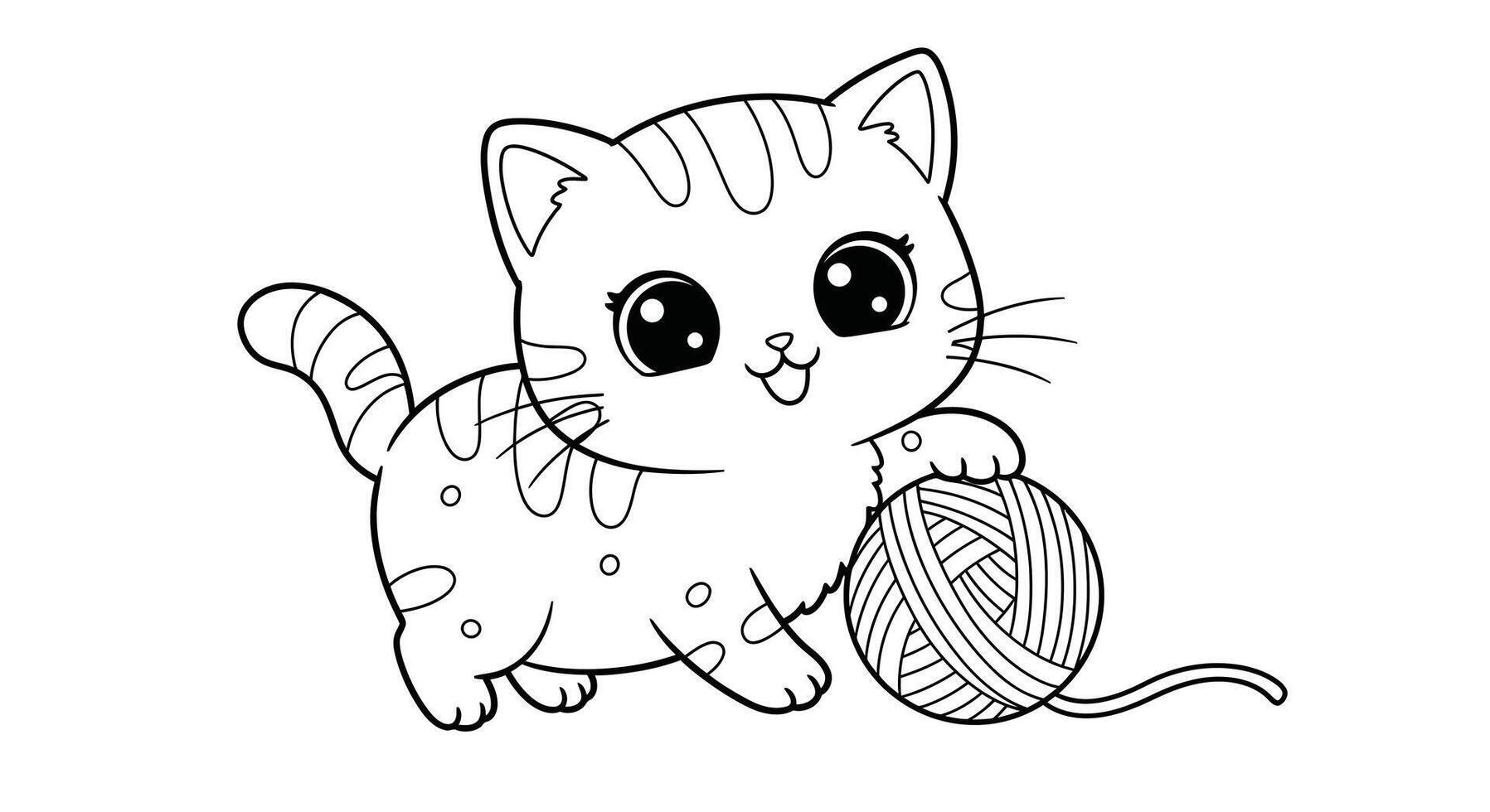 Playful Kawaii Kitten Playing with Yarn Outline Illustration - Fun Kids Coloring Page vector