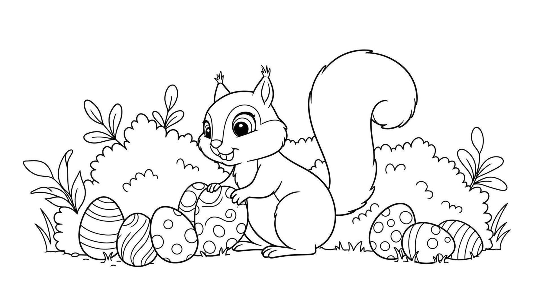 Playful Cartoon Squirrel Hiding Easter Eggs Outline for Children's Spring Holiday Coloring Fun vector