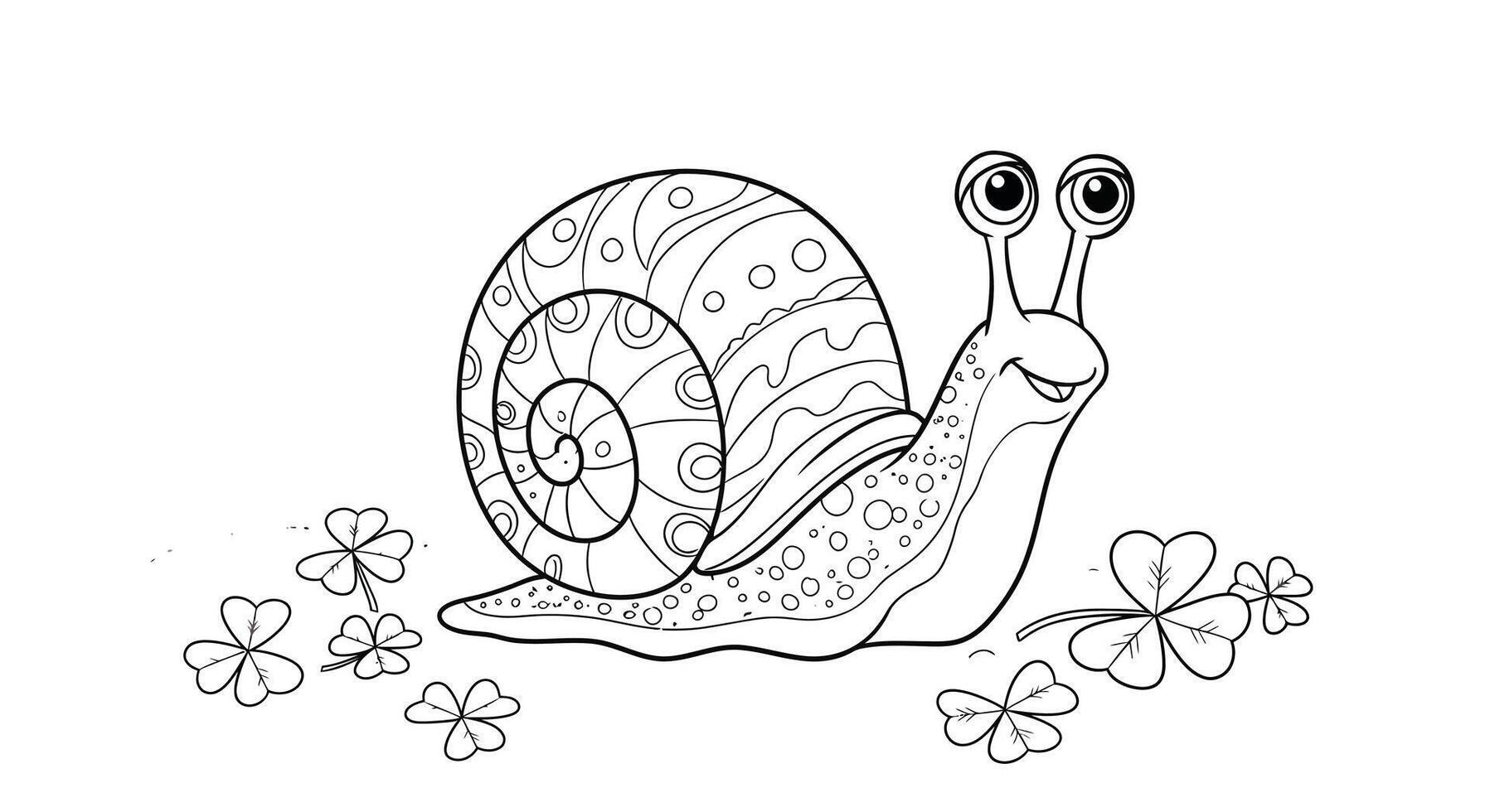 Cute Cartoon Snail Crawling on a Lucky Clover Patch Outline for Children's Nature Coloring vector